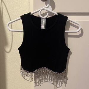 New Mix Black Cropped Tank with Rhinestone Fringe